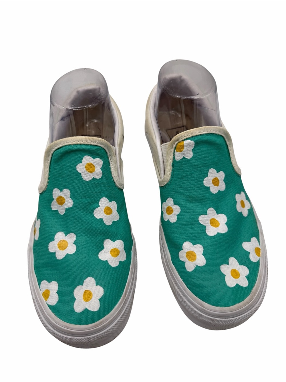 Vans Women’s Teal Slip-On Sneakers with White Daisy Painting - Size 7